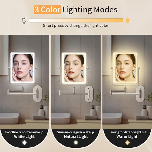 FUNTOUCH 5000mAh Rechargeable Wall Mounted Makeup Mirror with Lights, 8.7" Double Sided 1X/30X Magnifying Mirror with Dimmable 3 Color Light, Extended Swing Arm 360¡Æ Wall Mount Bathroom Vanity Mirror