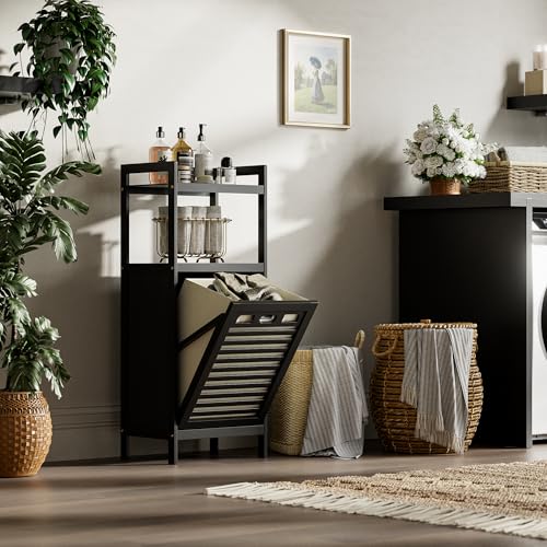 Tilt Out Laundry Hamper Cabinet - Bamboo Bathroom Storage with Removable Bag & Shelves - Black
