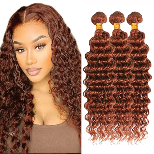 Human Hair Extensions 14-18 Inch Reddish Brown Deep Wave Bundles - 3 Pack