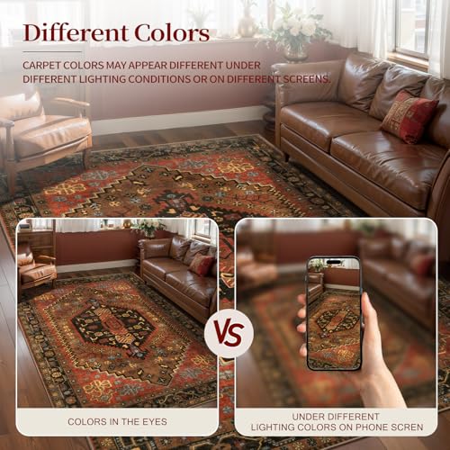8ft Round Area Rug for Living Room and Bedroom - Soft Boho Carpet with Anti-Slip Back - Red and Gold Variation