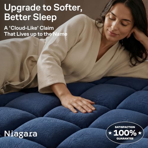 Navy Blue King Mattress Topper - Ultra Soft, Back Pain Relief, Rayon Bamboo