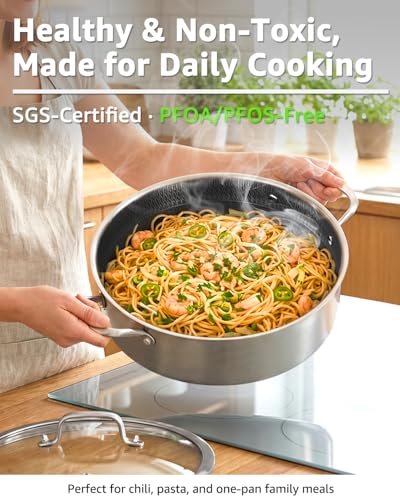 Large 7 Qt Deep Frying Pan with Lid - 12 Inch Stainless Steel Skillet