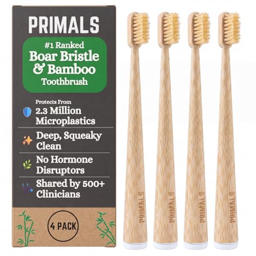 Primals 4-Pack Biodegradable Boar Bristle & Bamboo Toothbrushes - Eco-Friendly, Plastic & Nylon Free, Quick Dry, Variation: 1 Count Pack of 4