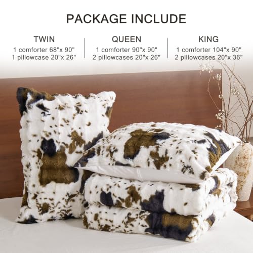 Faux Rabbit Fur Bubble Comforter Set Queen with Cow Print - 3 Pieces