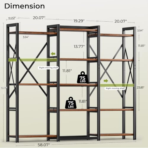 GTPLAYER Rustic Brown 5-Tier Industrial Bookshelf with Adjustable Shelves