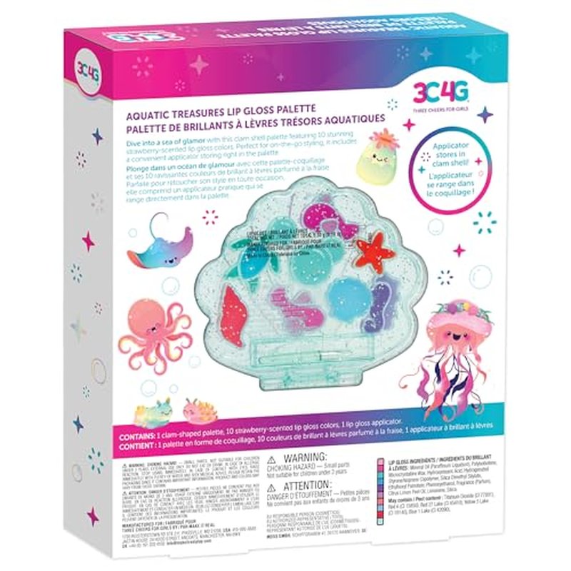 3C4G: Aquatic Treasures Lip Gloss Palette - Portable Clam-Shaped Case, 10 Fruity Strawberry-Scented Colors, Three Cheers for Girls, Kids Ages 8+