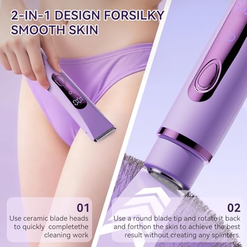 Bikini Trimmer for Women Electric?Double Head Dual Purpose, Ceramic Blade,IPX7 Waterproof,LCD Power Display,USB Rechargeable,Wet/Dry Painless Hair Removal for Face & Body (Violet)