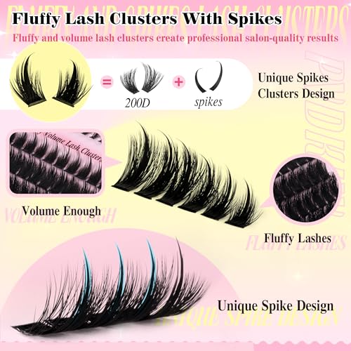 Fluffy Lash Clusters with Bottom Lashes Spikes Eyelashes Manga Eyelash Clusters 12-22MM Volume Lash Extension with Individual Lashes DIY at Home for Beginner