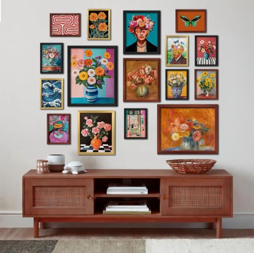12x15 Framed Eclectic Wall Art Set - Maroon, 16 Pieces Mid-Century Modern Gallery Wall Decor