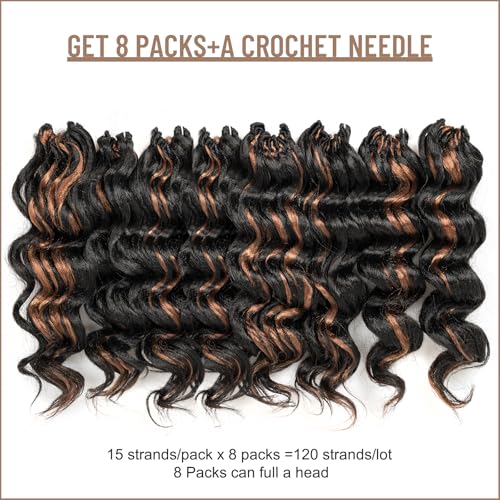 ToyoTress Ocean Wave Crochet Hair - 9 Inch 8 Packs Black Mix Brown Highlight Short Curly Hair Ocean Wave Braiding Hair, Synthetic Hair Extensions (9 Inch, P1B/30-8P)