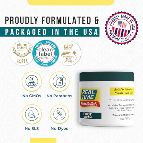 Real Time Pain Relief Foot Cream 8oz Jar | 15 Natural Ingredients: 1.5% Menthol, Tea Tree Oil, Vitamin E & Emu Oil | Advanced Neuropathy Relief & Soothing Lotion for Tired, Swollen, Sore & Aching Feet