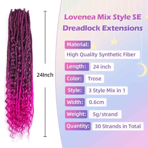Single Ended Dreads Extensions 30 Strands 24 Inch 3-in-1 Synthetic Hair Dreadlock Extensions - Rose Color Variation SE-30S-24" / T1B/Rose#