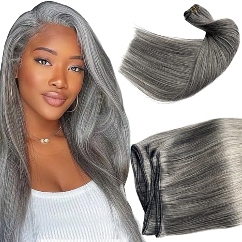 Salt and Pepper Hair Wefts Sew-in Hair Extensions - Grey White Highlights - 12 Inch, 80G - Variation of THIS listing
