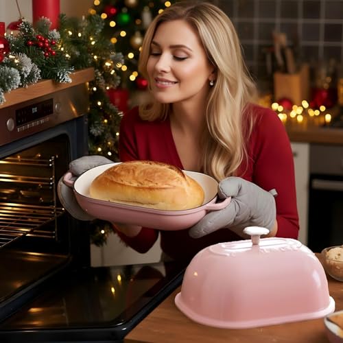 Cookalavore Pink 6QT Cast Iron Bread Oven with Lid & Silicone Mat