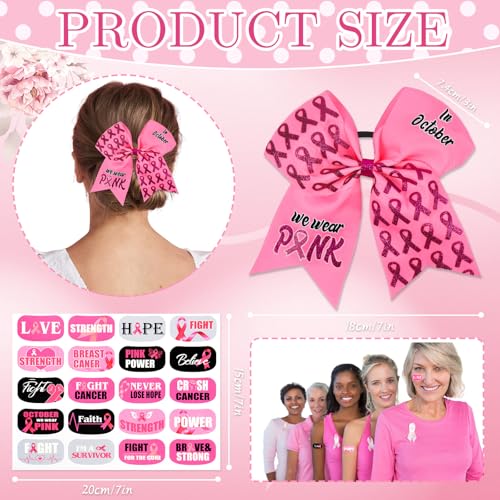 Rose Pink Breast Cancer Awareness Cheer Bows Set with Tattoos - Glitter Pink