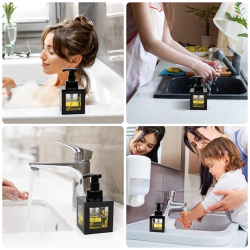 Segbeauty 11.84oz Black Foaming Soap Dispenser for Bathroom, 2pcs 350ml Empty Square Dish Soap Dispenser with Labels Pump for Kitchen, Refillable Hand Wash Foam Dispenser Soap Reusable Shampoo Bottles