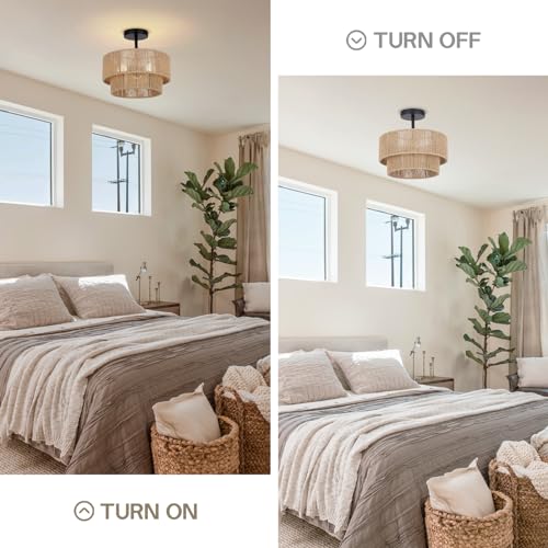 Boho Coastal Hemp Rope Ceiling Light Fixture - Rustic Rattan Semi Flush Mount, 3-Light