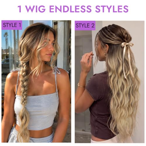 Long Ombre Blonde Wigs for Women - 30 Inch Wavy Synthetic 4x2 Lace Front - Natural Volume, Glueless Fit