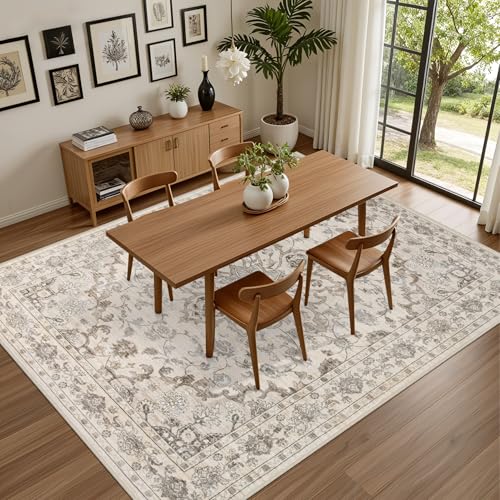 8x10 Washable Area Rug for Living Room and Bedroom - Brown Beige, Non-Slip Backing
