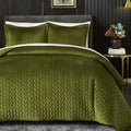 King Size Velvet Quilt Set with Embroidered Leaf Design - Green Reversible Bedspread, 3 Pieces