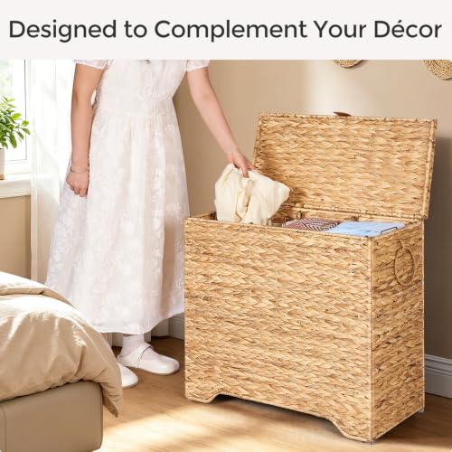 Water Hyacinth Laundry Hamper - 130L 3-Section Woven Storage Basket with Lid - Natural