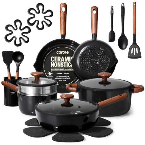 Ceramic Cookware Set - 21 Pieces with Non-Stick Coating & Glass Lids - Black
