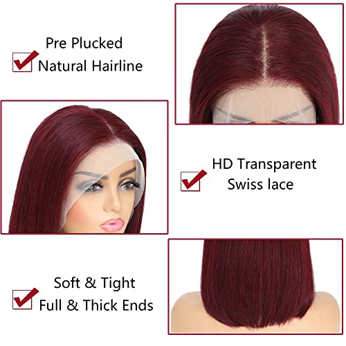 10 Inch Burgundy Red Lace Front Wig - 99J Bob Human Hair 13x4 HD Frontal Short Wig for Black Women