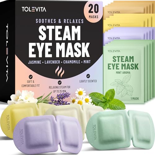 TOLEVITA Self-Heating Disposable Eye Masks - 20 Pack with Lavender, Mint, Jasmine & Chamomile Aromas, Travel & Spa Relaxation, 4 Variants