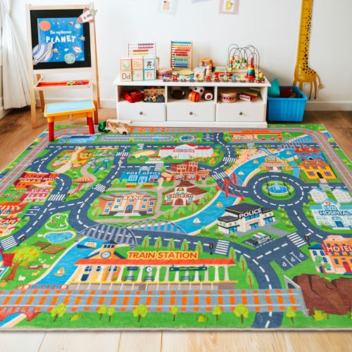 Green Town City 5x7 ft Car Play Mat for Kids Room - Traffic Road Rug for Imaginative Play