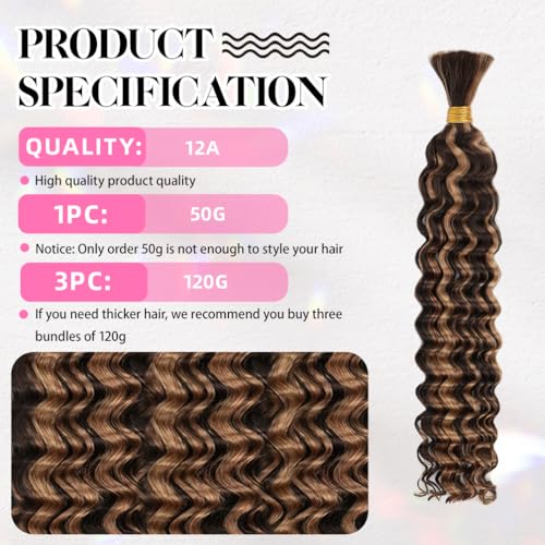 Deep Wave Human Braiding Hair - Highlight Balayage #4P27, 12 Inch, 50g, No Weft, Curly Extensions