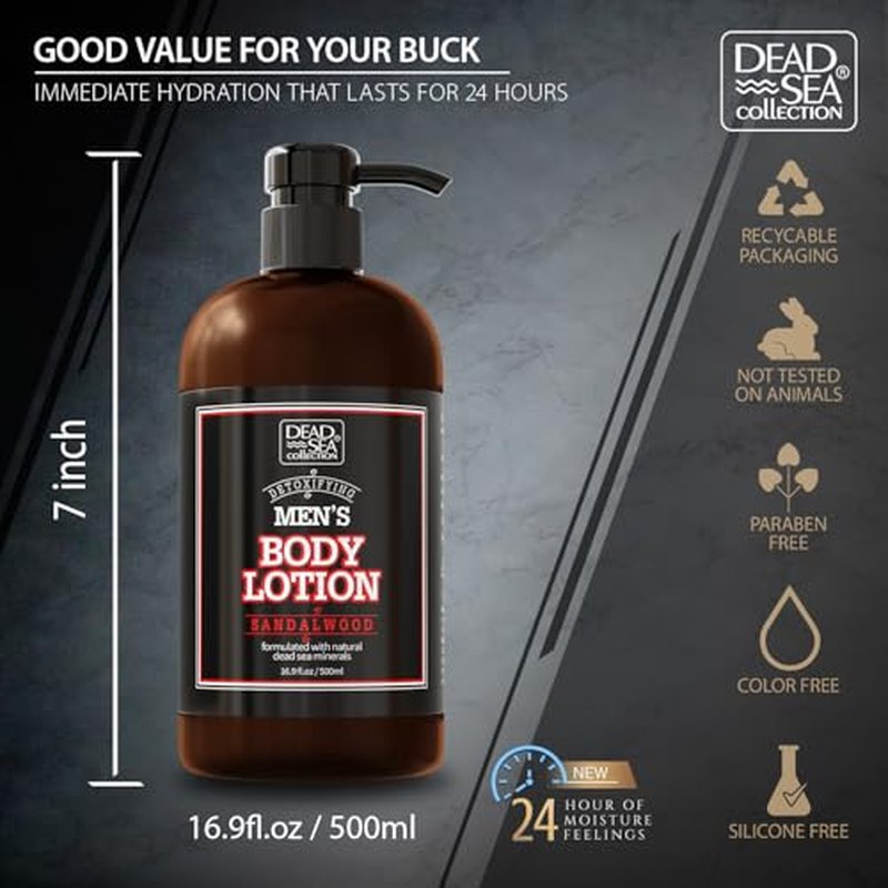 Dead Sea Collection Mens Sandalwood Hand & Body Lotion for All Skin Types - Moisturizing Body Lotion for Men with Pure Dead Sea Minerals - 16.9 Fl Oz