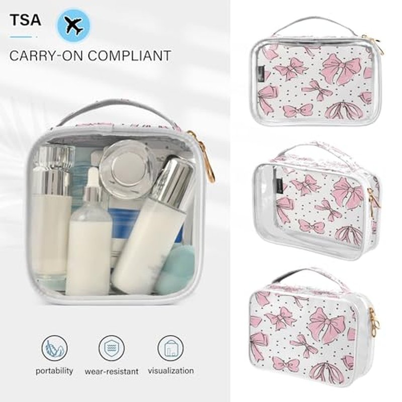 Kigai Pink Bow Makeup Bags for Women and Girls Waterproof Portable Cosmetic Bag Clear Toiletry Bag with Zipper & Handle Travel Accessories Organizer, 2 Pack