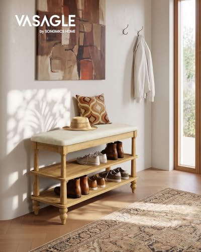 VASAGLE Wooden Entryway Shoe Bench with 2 Tiers, Natural Brown, 31.5" Wide