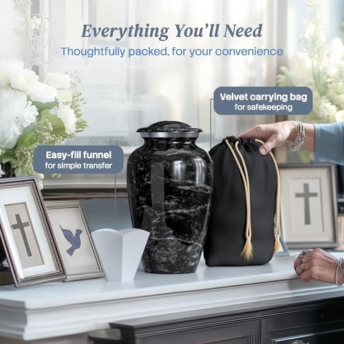 Hearthy Home Large Black Marble Cremation Urn for Human Ashes - Elegant Memorial, 10.5H x 6.25W