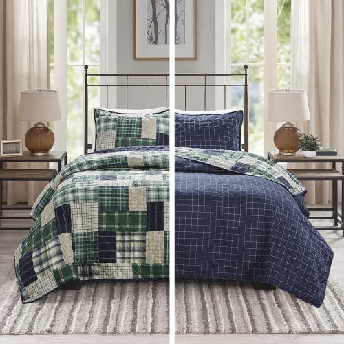 Timber Green/Navy 3 Piece Reversible Quilt Set for Queen Bed - Farmhouse Style