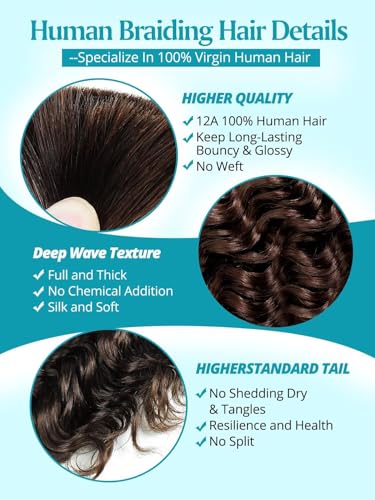 SUNNGIRL 100g-14 Inch #4 Deep Wave Human Braiding Hair for Boho Braid Styles