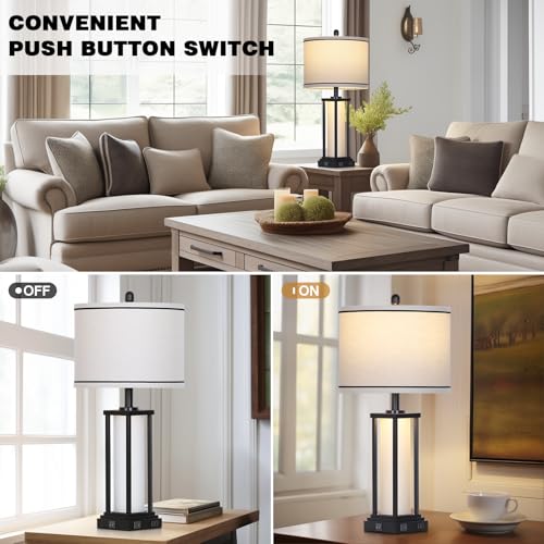 27-Inch Vintage Black Farmhouse & Industrial Table Lamp Set with USB-C, Outlet & Frosted Glass Night Light - Variation: Black