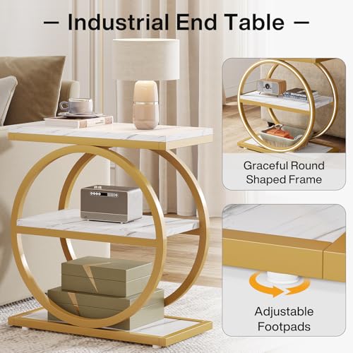 Tribesigns White 3-Tier Industrial End Table with Storage Shelves, Slim Nightstand