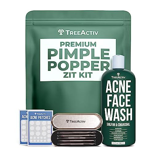 TreeActiv Pimple Popper Tool Kit with Face Wash and Acne Patches, Professional Blackhead Milia Remover Tools Facial Kit, Stainless Steel Blackhead Extractor Tool, Blemish Blackhead & Whitehead Pimple