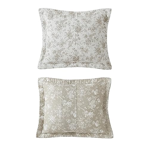 Queen Quilt Set with Matching Shams - Reversible Floral Cotton Bedding - Walled Garden Brown