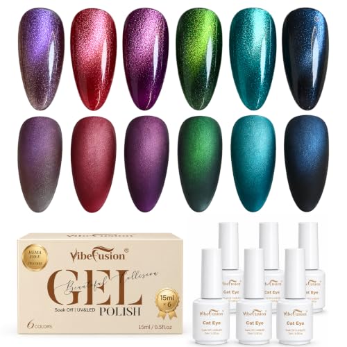VibeFusion Cat Eye Gel Nail Polish Set 6 Colors 15ml - HEMA & TPO-Free, Long-Lasting Manicure