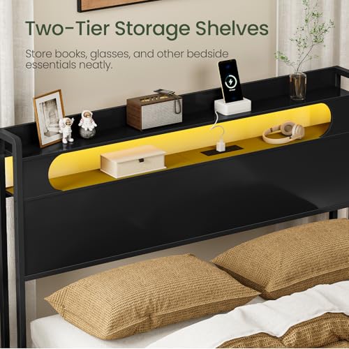 CHOEZON Queen Headboard with Storage, Charging Station & LED Light, Adjustable Metal Frame, Black