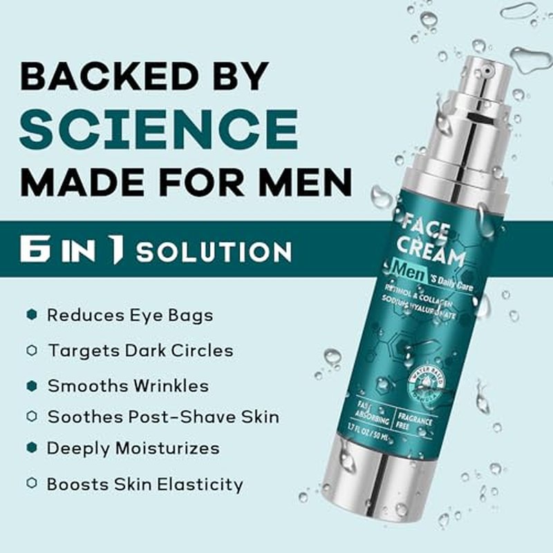 6-in-1 Face Cream for Men: Hydrating Water Based Men Face Moisturizer with Retinol, Collagen, Sodium Hyaluronate - Mens Anti Aging Face Cream for Day and Night Use