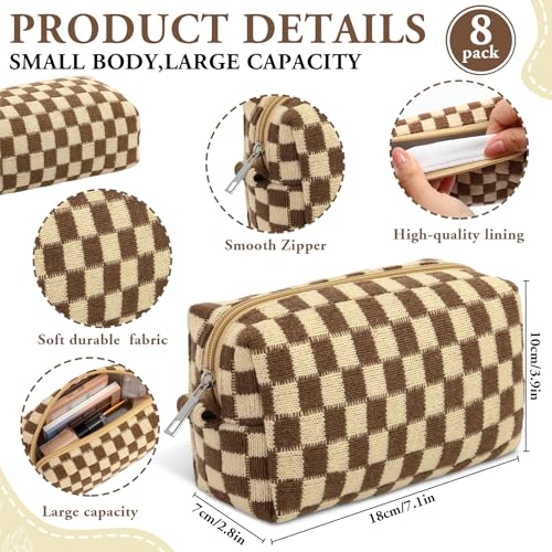 8 Pack Checkered Makeup Bags Small Cosmetic Pouch - Brown