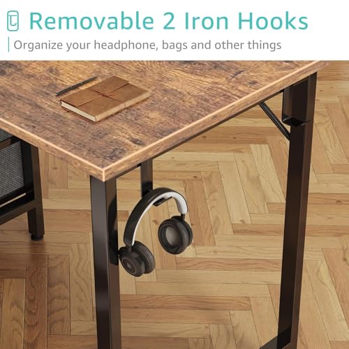 Lufeiya 39.4-Inch Rustic Brown Small Computer Desk with 4 Fabric Drawers, Reversible Kids & Home Office Workspace