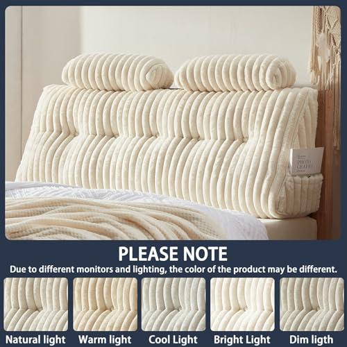 Beige Faux Fur Headboard Pillow Set with 2 Neck Rolls - Queen Size