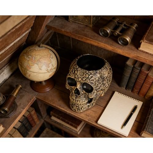 Skull Bowl Decorative Skull Vase Makeup Brush Pen Holder Organizer Dresser Gothic Table Organizer Decoration, Antique Gold Skull Pot Enthusiasts Gifts