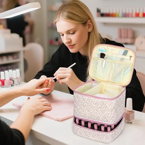 Floral Nail Polish Organizer Bag for 30 Bottles & UV Nail Lamp - Pink Floral