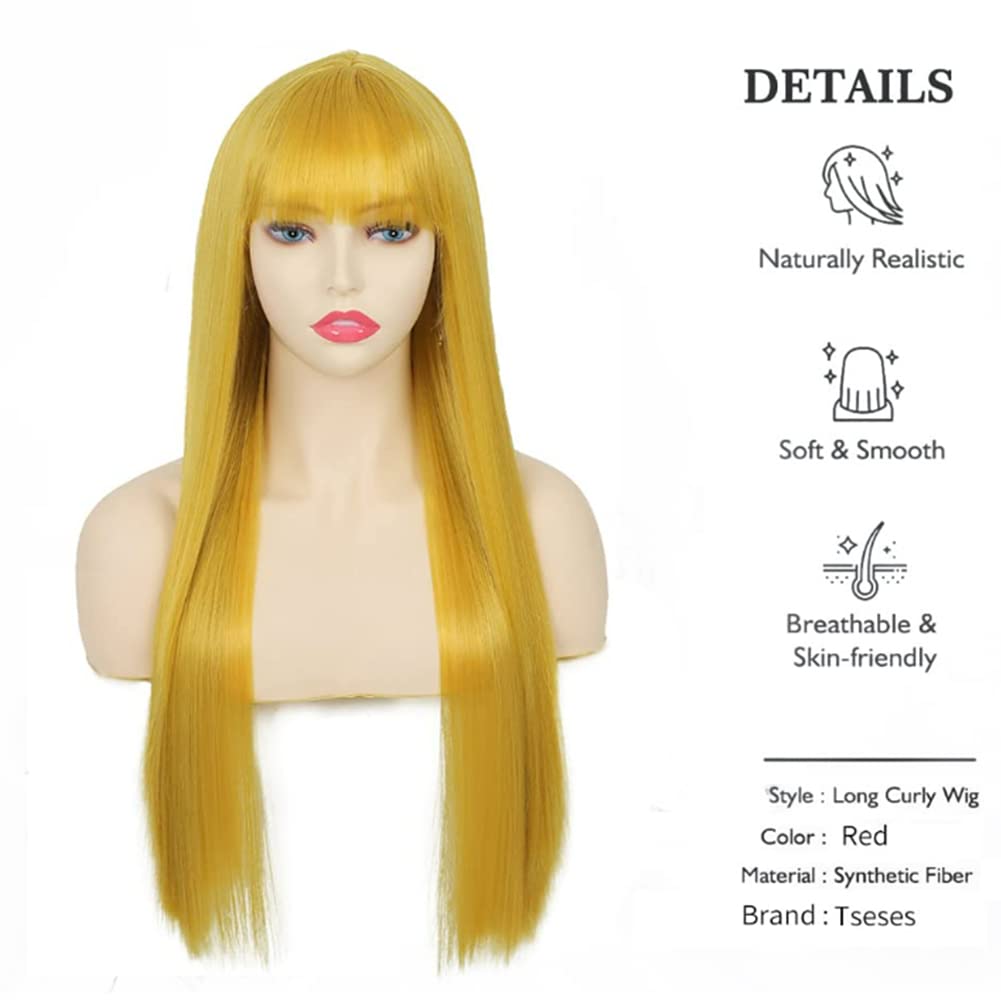 Tseses Yellow Long Straight Wig with Bangs for Women Cosplay Halloween Party Daily Hair Wigs Heat Resistant Synthetic Halloween Wig