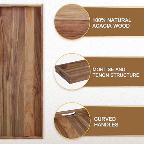 Extra Large Acacia Wood Serving Tray 36 x 12 Inches with Handles - Brown Variation